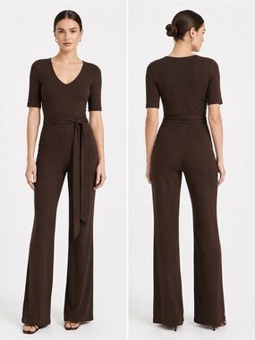 NWOT Studio Chocolate Brown Tie-Waist Wide-Leg Jumpsuit XS